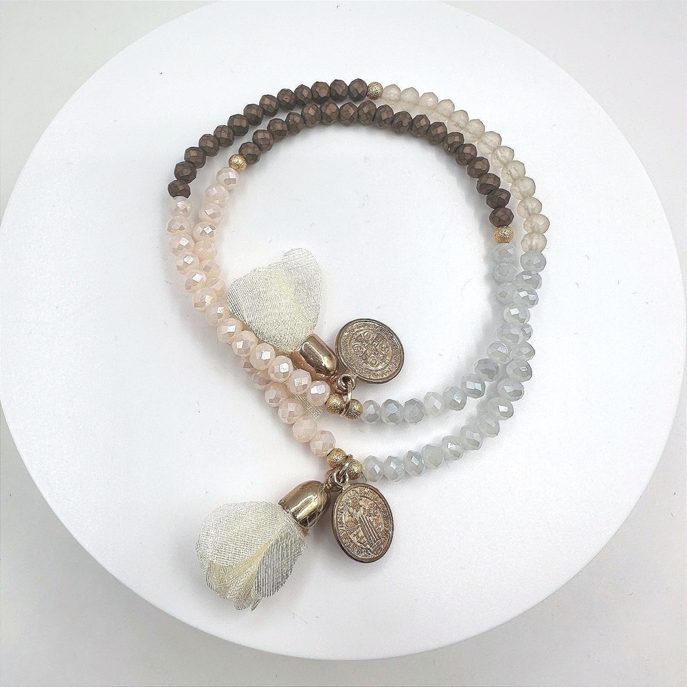 Vintage‎ 90s Religious Medal Beaded Stretch Bracelet Boho Tassel Neutral Tones